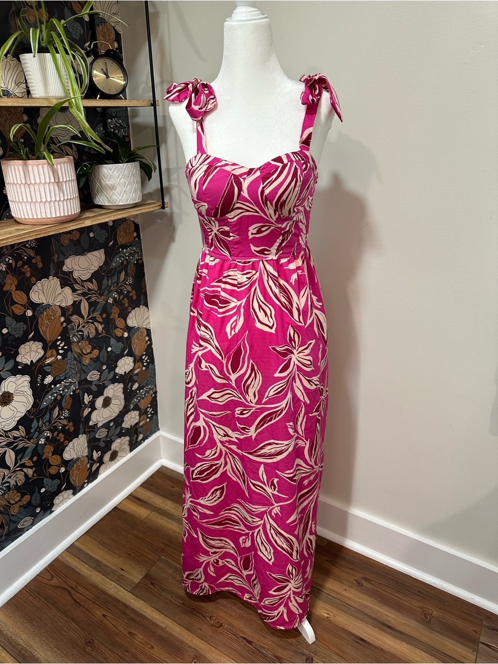 Fuchsia Floral Tie-Shoulder Maxi Dress